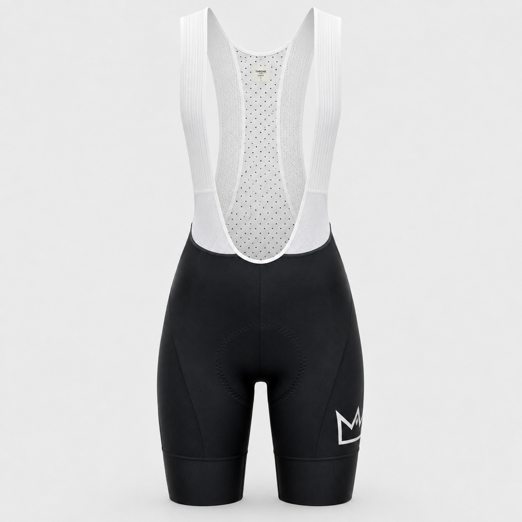 Women's THRONE Phase 1 black cycling bib shorts front view
