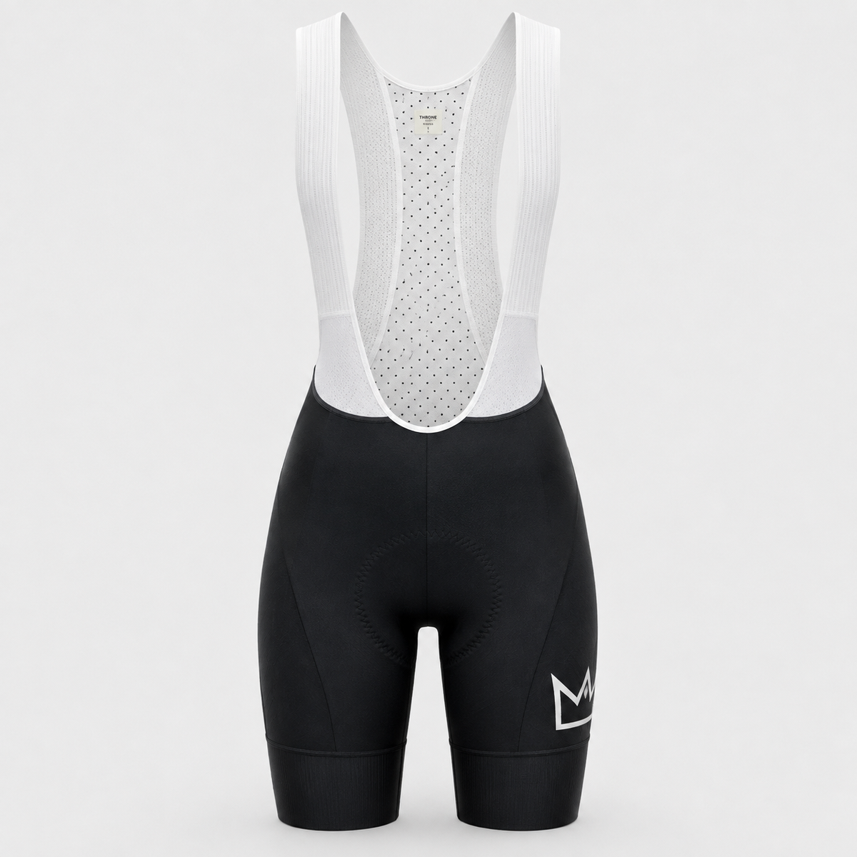Women's THRONE Phase 1 black cycling bib shorts front view