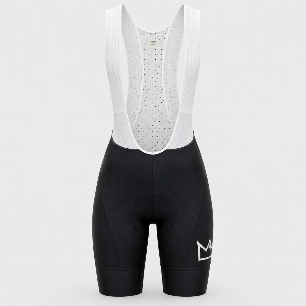 Women's THRONE Phase 1 black cycling bib shorts front view