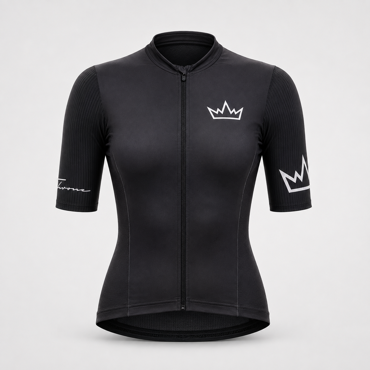 Women's THRONE Phase 1 black cycling jersey front view