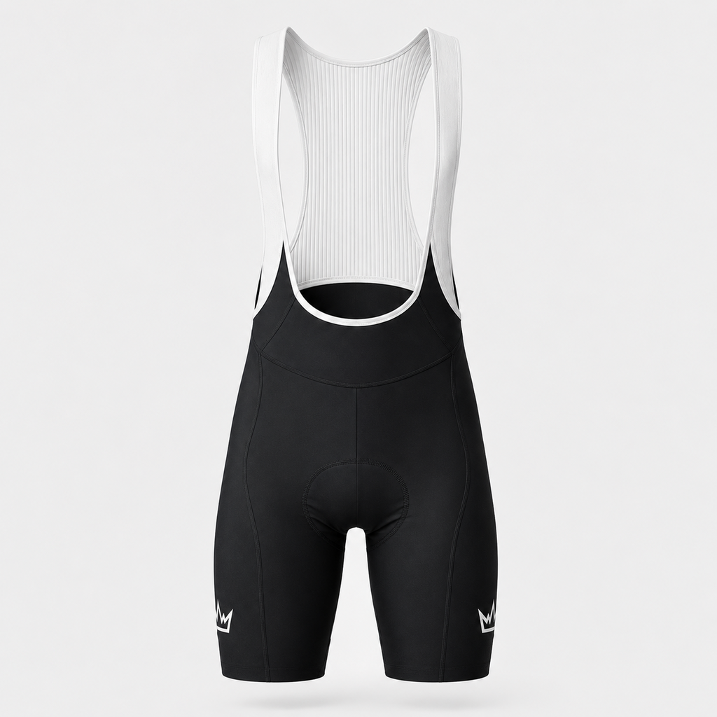 THRONE Men's Foundation Bib Shorts in black, ghost mannequin product view