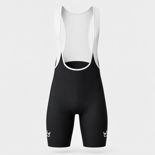 THRONE Men's Foundation Bib Shorts in black, ghost mannequin product view