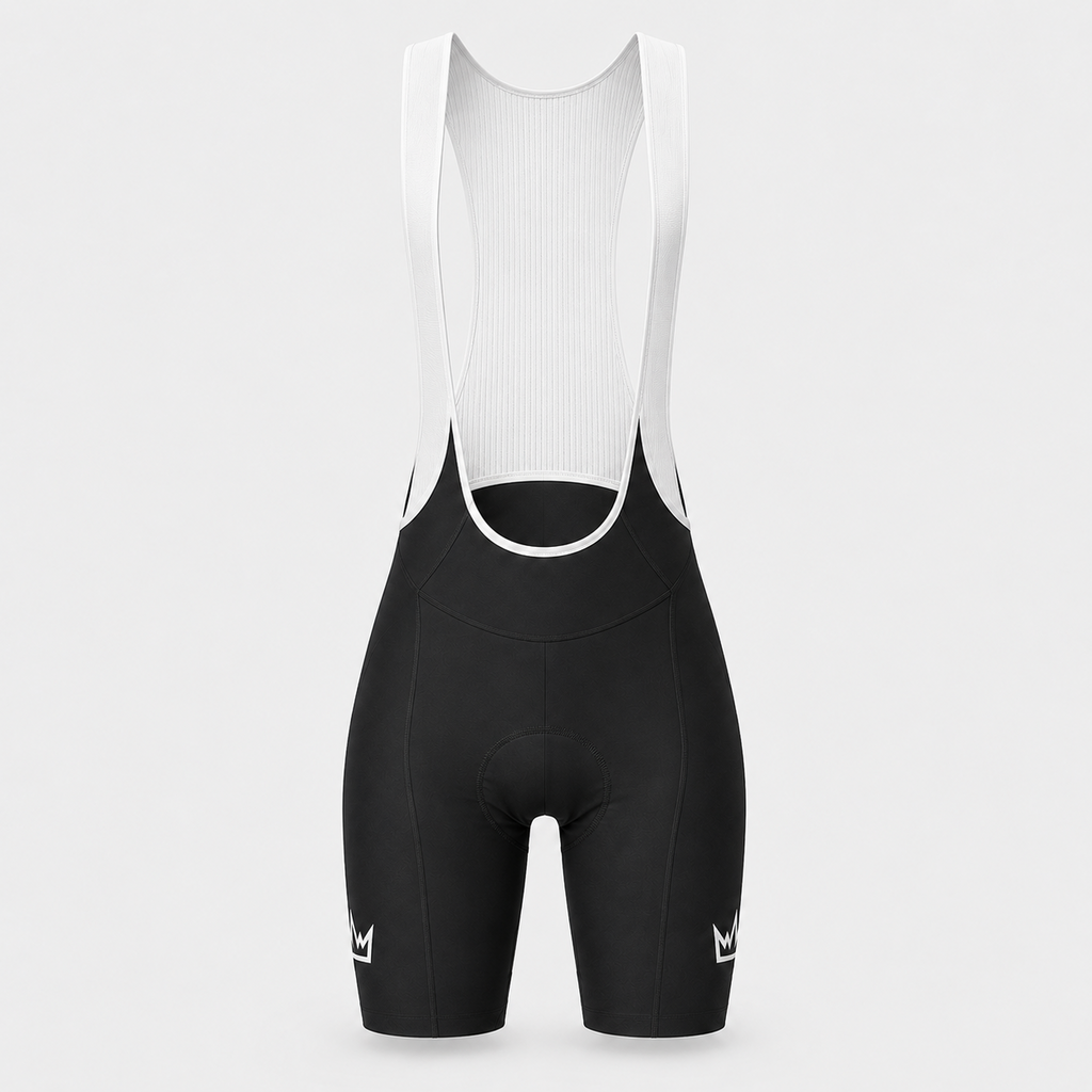 THRONE Women's Foundation Bib Shorts in black, ghost mannequin product view