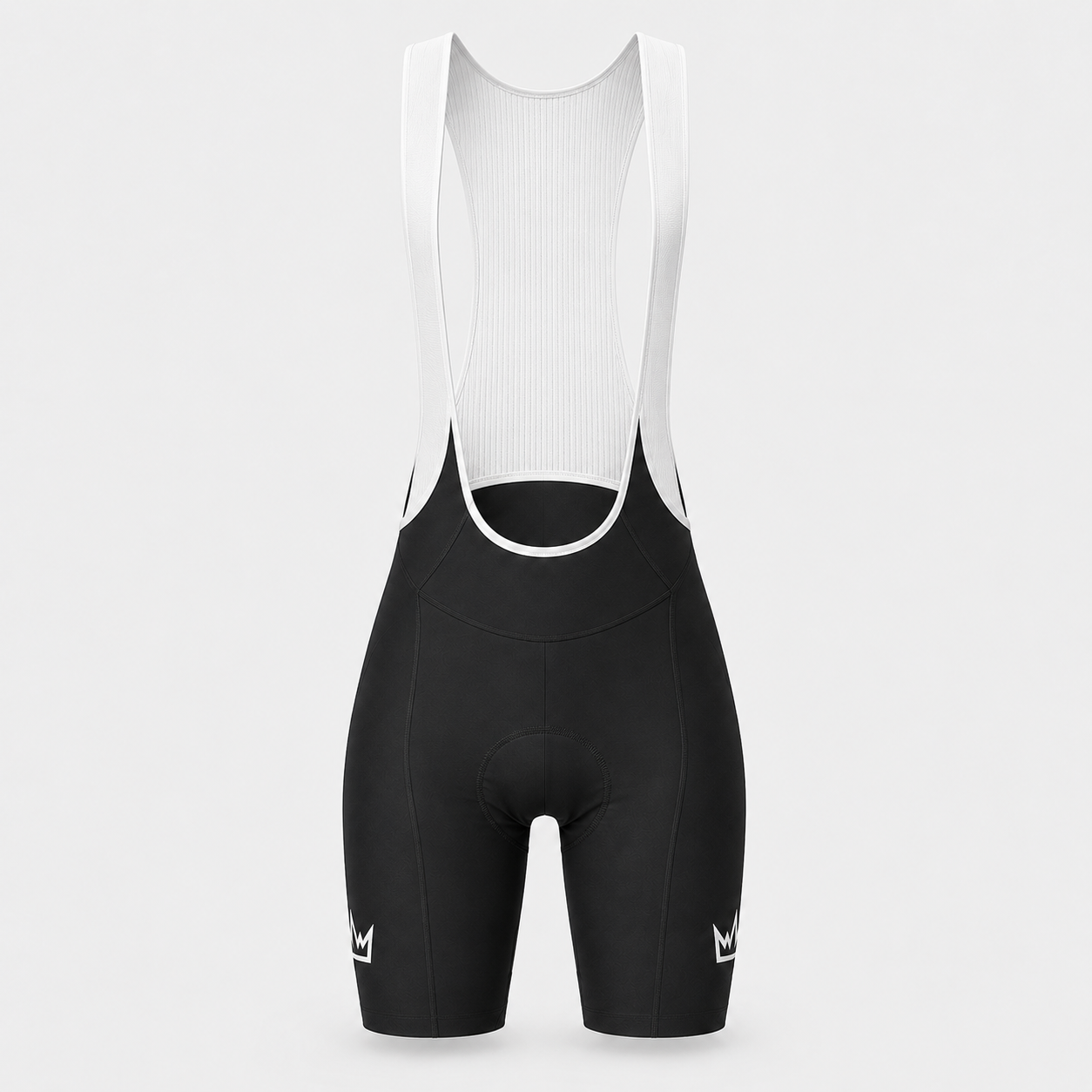 THRONE Women's Foundation Bib Shorts in black, ghost mannequin product view