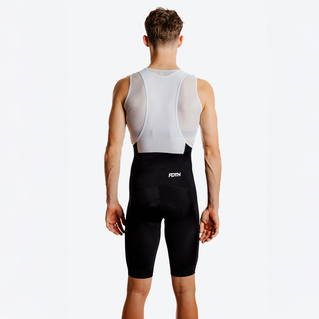 THRONE Men's Foundation Black Cycling Bib Shorts, back model view
