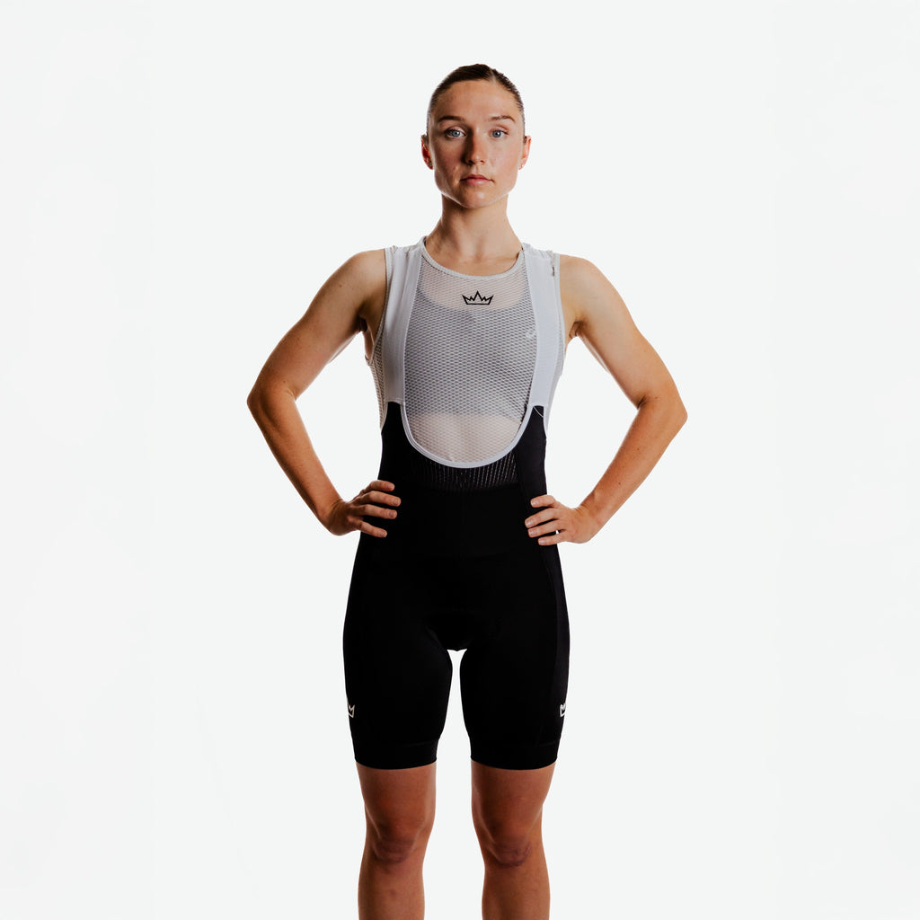 THRONE Women's Foundation Black Cycling Bib Shorts, front model view