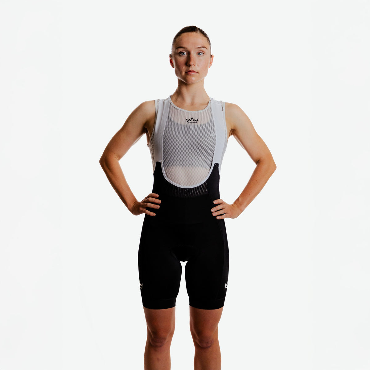 THRONE Women's Foundation Black Cycling Bib Shorts, front model view