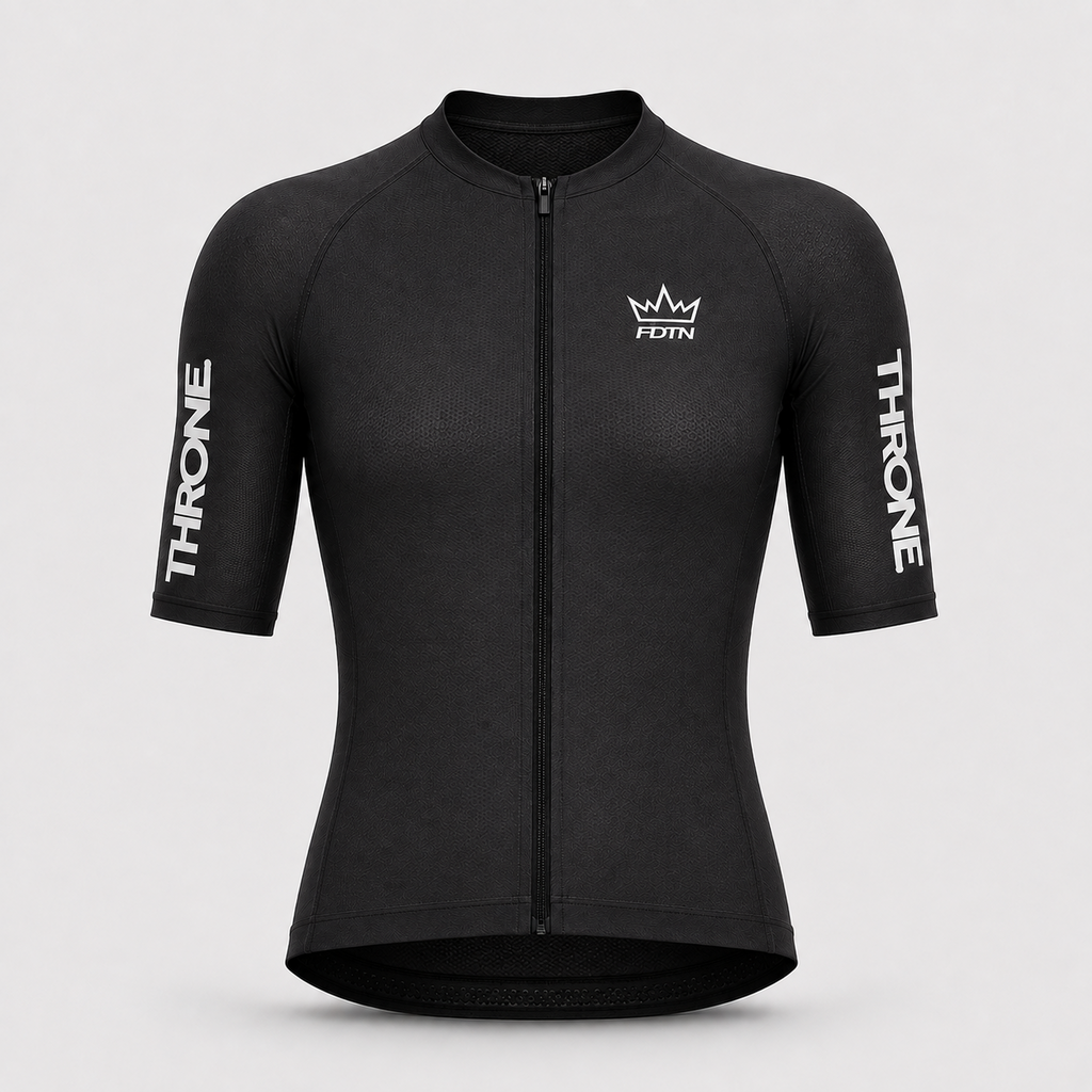 THRONE Men's Foundation Cycling Jersey in black, ghost mannequin front view