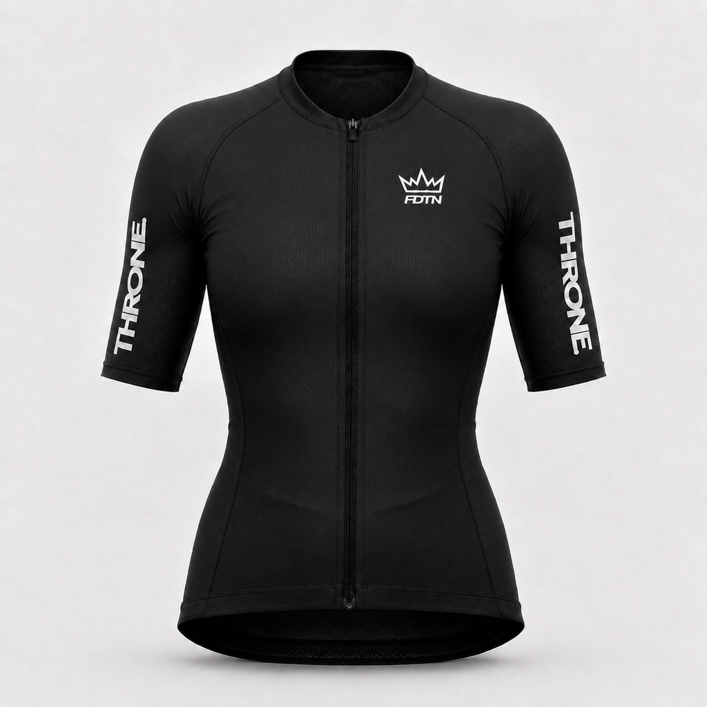 THRONE Women's Foundation Cycling Jersey in black, ghost mannequin front view