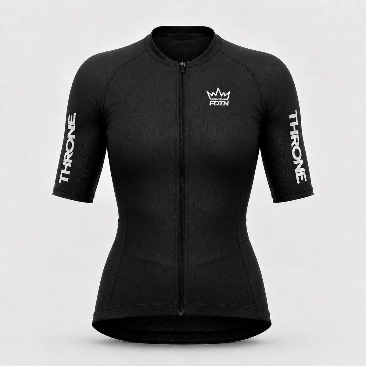 THRONE Women's Foundation Cycling Jersey in black, ghost mannequin front view