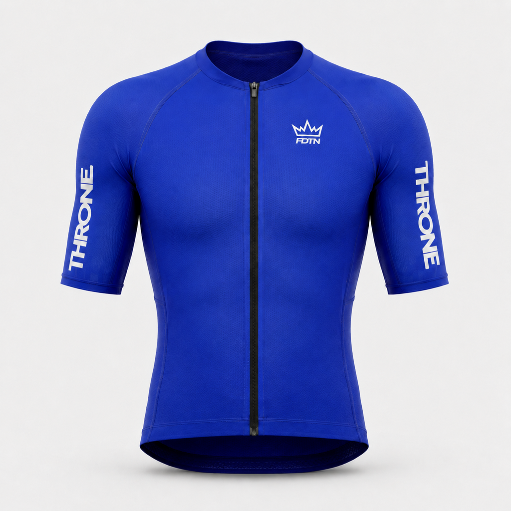 THRONE Men's Foundation Cycling Jersey in blue, ghost mannequin front view
