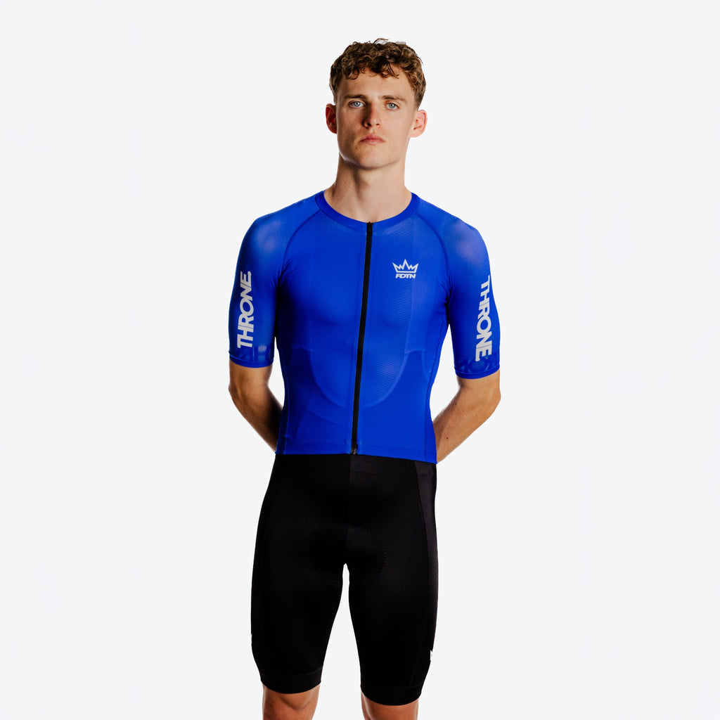 THRONE Men's Foundation Cycling Jersey in blue, front model view