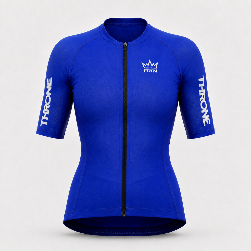 THRONE Women's Foundation Cycling Jersey in blue, ghost mannequin front view