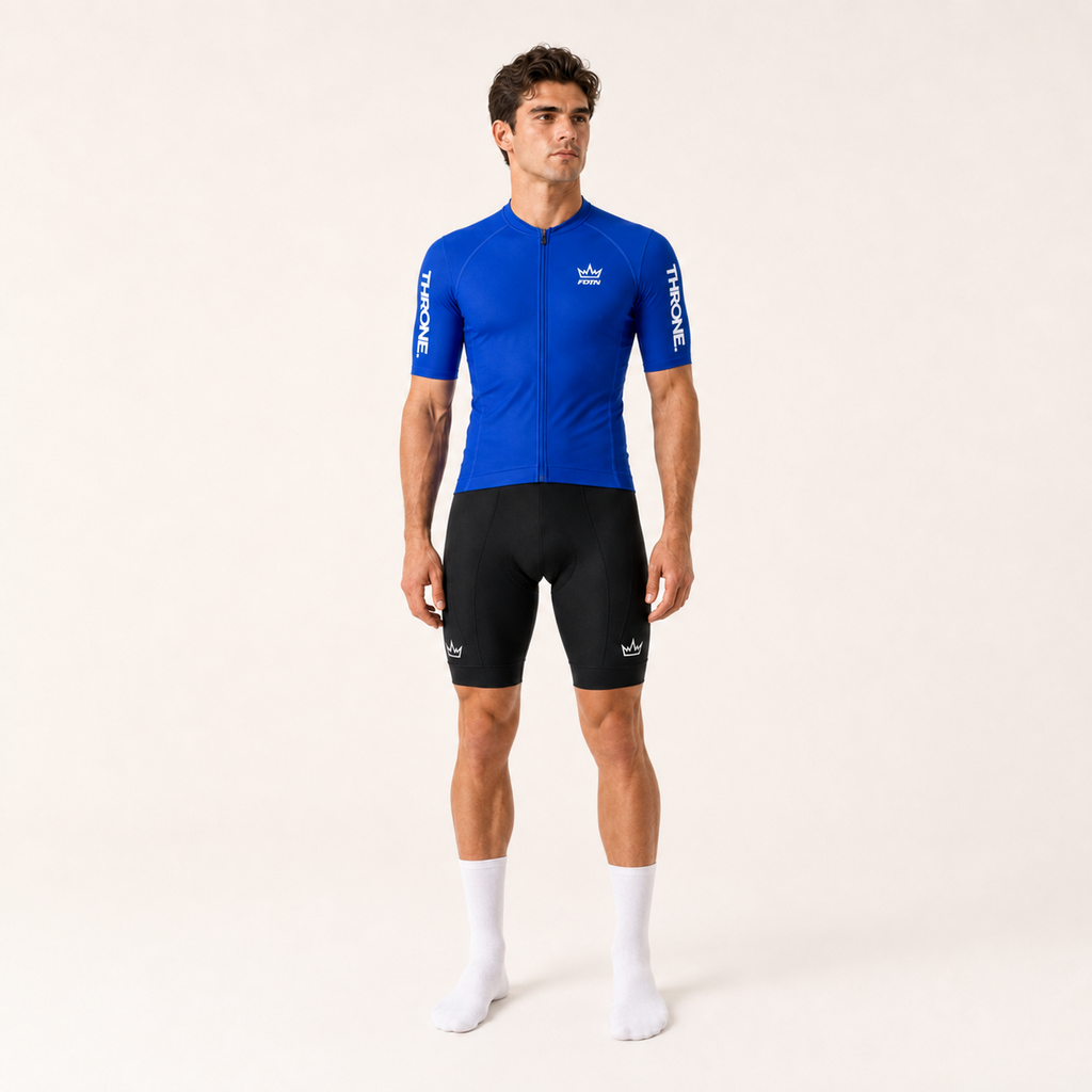 THRONE Men's Foundation Set in blue, model wearing blue Foundation jersey and black bib shorts