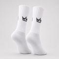 THRONE Aero Socks in white, ghost mannequin product view with black crown branding