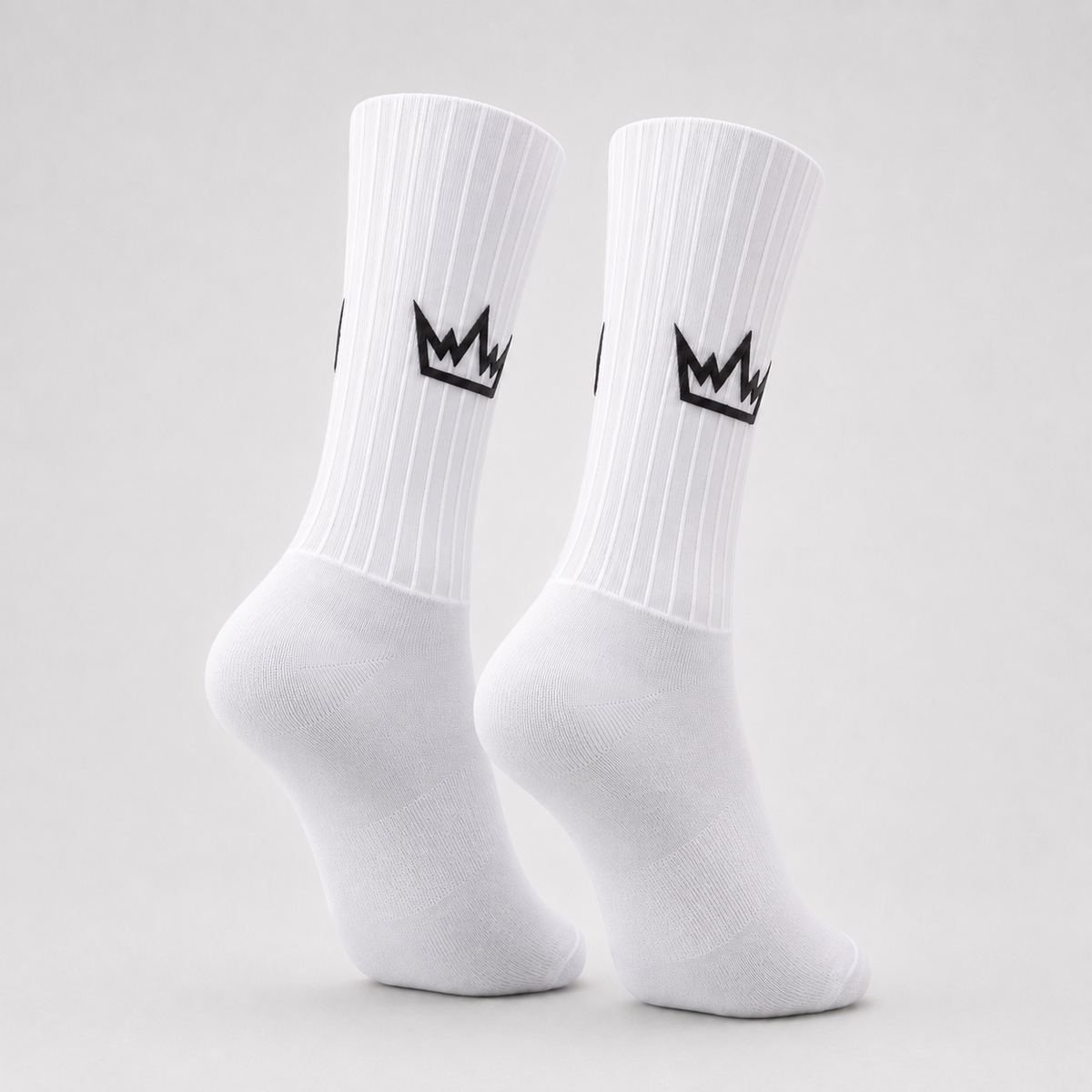 THRONE Aero Socks in white, ghost mannequin product view with black crown branding