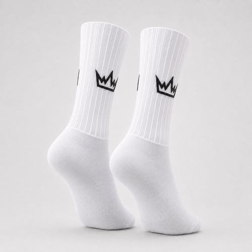 THRONE Aero Socks in white, ghost mannequin product view with black crown branding